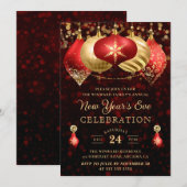 Elegante Red & Gold Winter Baubles Neujahr Einladung (Vorne/Hinten)