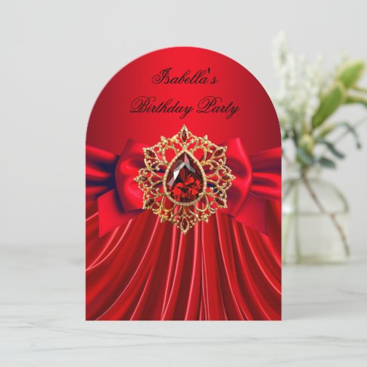 Elegante Red Jewel Red Bow Birthday Party Einladung (Stehend Vorderseite)