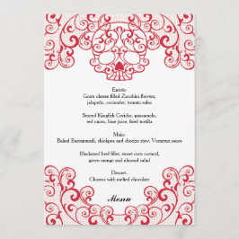 Elegante Red Lace Skull Calavera Wedding Menu Card Menükarte