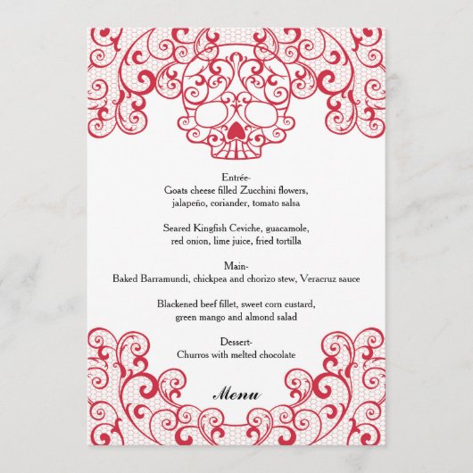 Elegante Red Lace Skull Calavera Wedding Menu Card Menükarte (Vorderseite)