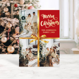 Elegante Red Merry Christmas Gold Bow Foto Card Folien Feiertagskarte