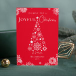 Elegante Red Merry Christmas Tree Snowflakes Feiertagskarte<br><div class="desc">Feiern Sie die Saison mit dieser frohen Weihnachtskarte in einer lebhaften roten Farbe. Dieses Design-Template verbindet festlichen Charme mit moderner Eleganz und ist somit die perfekte Wahl, um den Feiertag zu verbringen. Personalisieren Sie Ihre Nachricht und lassen Sie Ihre Weihnachtsgrüße mit dieser auffallenden und stilvollen Karte auffallen. Kundenspezifische Bestellungen sind...</div>