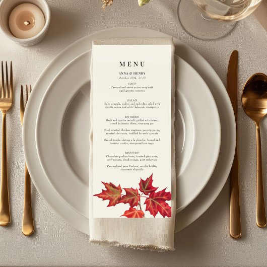 Elegante Red Orange Herbstlaubs Wedding Menükarte