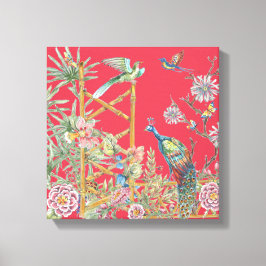 Elegante Red Peacock Oriental Floral Chinoiserie Leinwanddruck