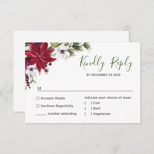 Elegante Red Poinsettia Wasserfarbene Pine Fur Hoc RSVP Karte (Vorne/Hinten)