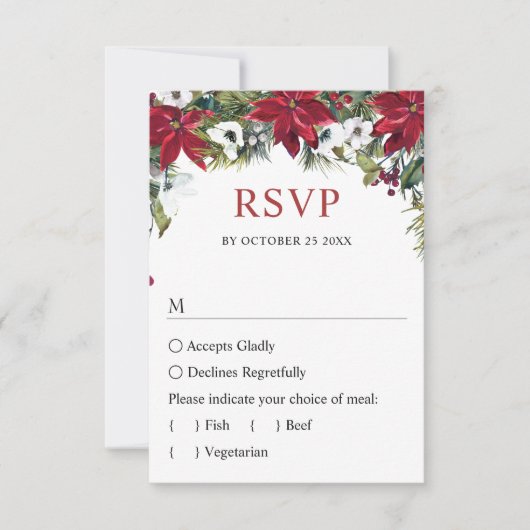 Elegante Red Poinsettia Wasserfarbene Pine Fur Hoc RSVP Karte (Vorderseite)