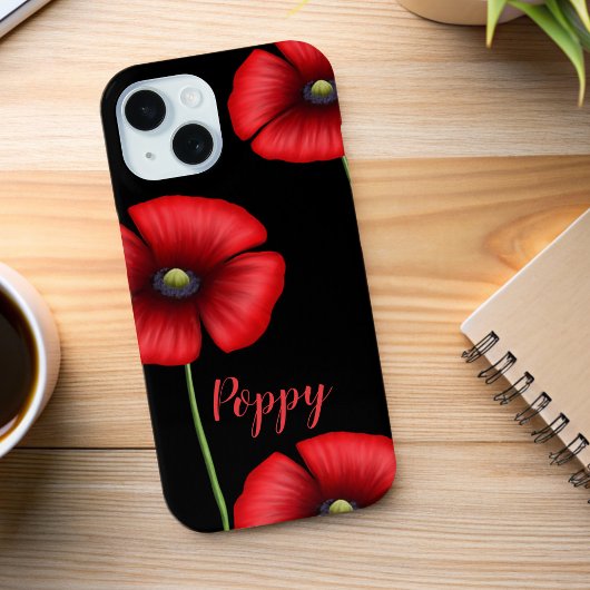 Elegante Red Poppy Blume Name Floral Black Case-Mate iPhone Hülle