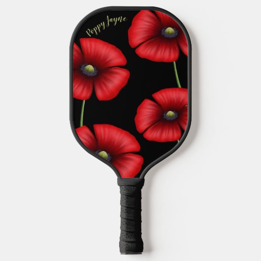 Elegante Red Poppy Blume Name Floral Black Pickleball Schläger (Vorderseite)
