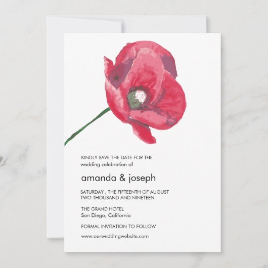 Elegante Red Poppy Hochzeit Sichern Sie die Datums Einladung (Vorderseite)