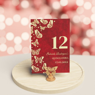 Elegante Red Quinceañera Gold Schmetterlinge Sitzp Tischnummer