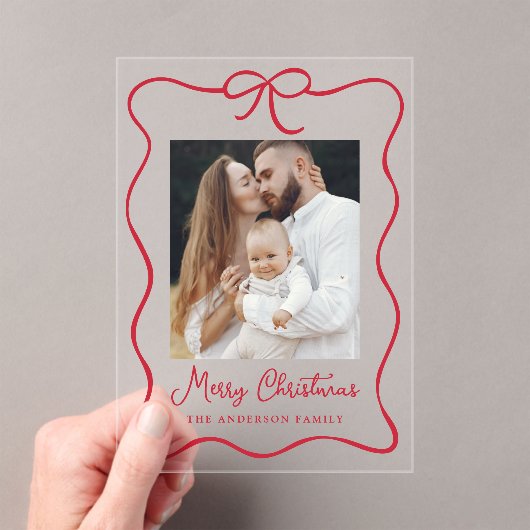 Elegante Red Ribbon Bow Foto Acryl Holiday Card Acryleinladungen (Insitu (Handheld))