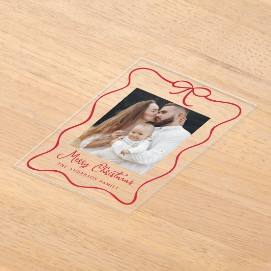 Elegante Red Ribbon Bow Foto Acryl Holiday Card Acryleinladungen (Ablage )