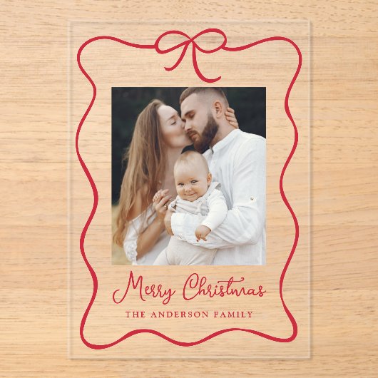 Elegante Red Ribbon Bow Foto Acryl Holiday Card Acryleinladungen (Vorderseite)