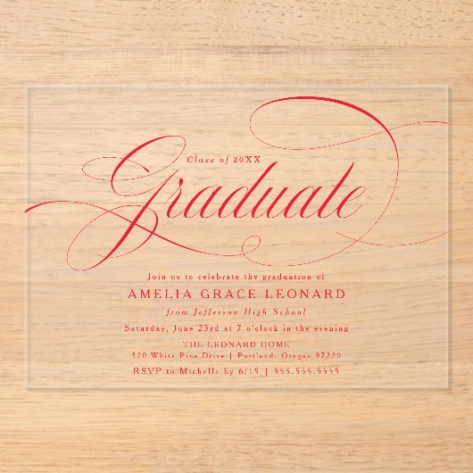 Elegante Red Script Graduation Party Acryleinladungen (Vorderseite)