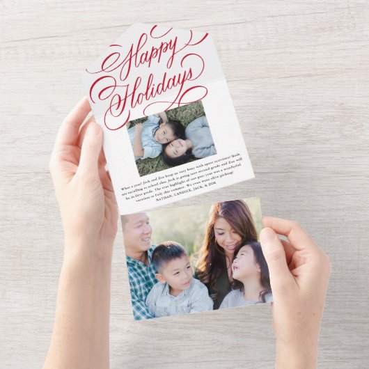 Elegante Red Script Happy Holiday Foto Card All In One Einladung (Abreißen)