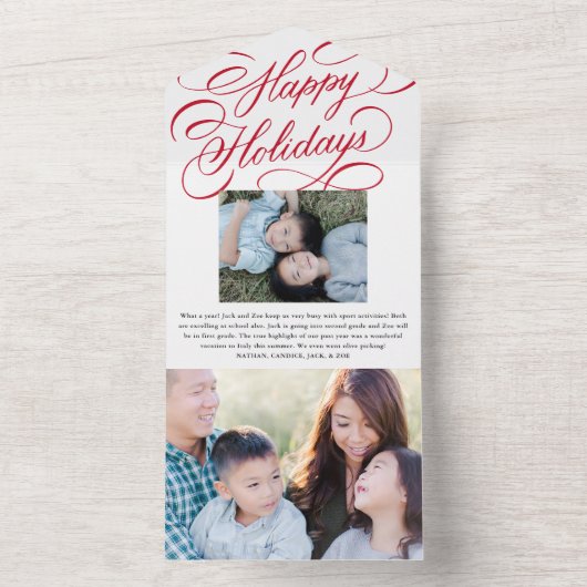 Elegante Red Script Happy Holiday Foto Card All In One Einladung (Innen Boden)