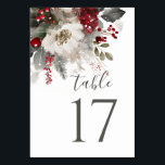 Elegante Red Silver Christmas Winter Floral Weddin Tischnummer<br><div class="desc">Tischnummer zeigt eine elegante Weihnachts-,  Winter-Blumenwasserfarbe mit weißer Blume,  roten Beeren,  silbernen heiligen Blätter und Evergreens.</div>