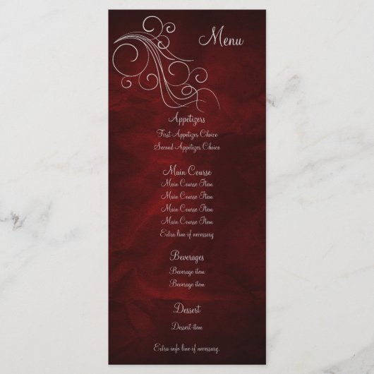 Elegante Red Silver Wedding Menu Rack Card Menükarte (Vorderseite)