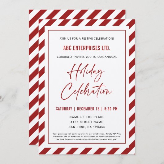 Elegante Red Stripes Weihnachtsfeier Einladung (Vorne/Hinten)