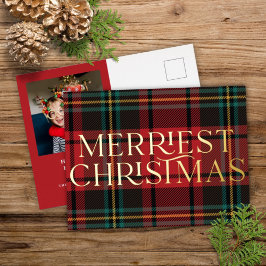Elegante Red Tartan Christmas Foto Folien Feiertagspostkarte
