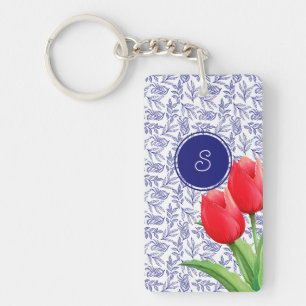 Elegante Red Tulips Spring Floral Blue Monogram Pl Schlüsselanhänger
