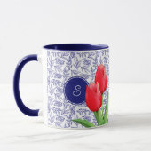 Elegante Red Tulips Spring Floral Blue Monogram Ta Tasse (Links)