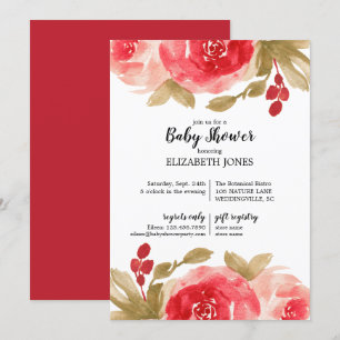 Elegante Red Watercolor Rose Baby Shower Einladung