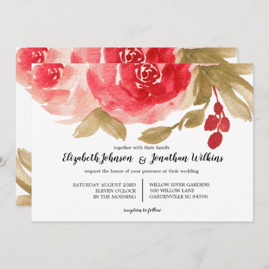 Elegante Red Watercolor Rose Hochzeit Einladung (Vorne/Hinten)