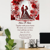 Elegante Red Wedding Illustration mit Blumendesign Poster (Heimbüro)