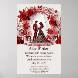 Elegante Red Wedding Illustration mit Blumendesign Poster