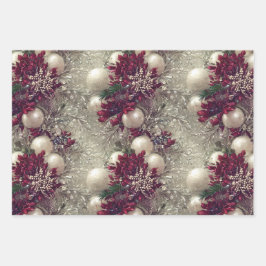 Elegante Red & White Feather Christmas Beaded Geschenkpapier Set