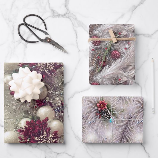 Elegante Red & White Feather Christmas Beaded Geschenkpapier Set (Vorderseite)