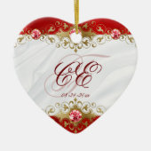 Elegante Red White Gold Monogram Wedding Keramik Ornament (Vorne)