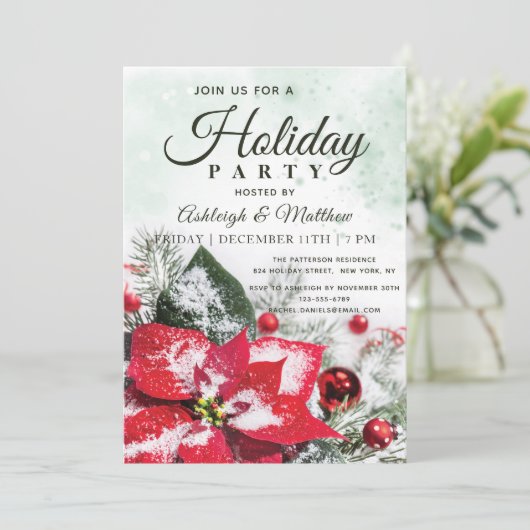 Elegante Red Winter Poinsettia Floral Holiday Part Einladung (Stehend Vorderseite)