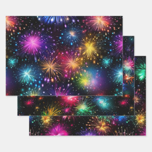 Elegante Regenbogen-Feuerwerke auf schwarzem Hinte Geschenkpapier Set