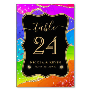Elegante Regenbogen-Glitter-Achat- und Gold-Hochze Tischnummer