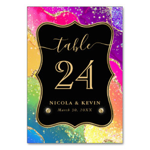 Elegante Regenbogen-Glitter-Achat- und Gold-Hochze Tischnummer