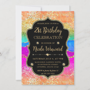 Elegante Regenbogen-Gold-Glitter-Rahmen 21. Geburt Einladung