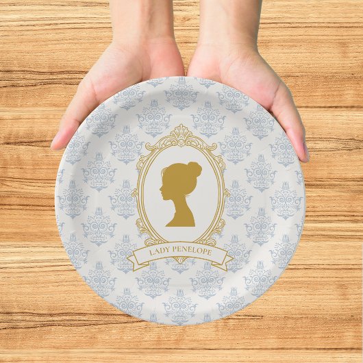 Elegante Regency-Ära Blau-Goldene Hochzeitsdusche Pappteller
