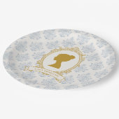 Elegante Regency-Ära Blau-Goldene Hochzeitsdusche Pappteller (Schrägansicht)
