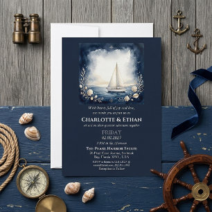 Elegante Reise der Liebe Navy Blau Maritime Hochze Einladung