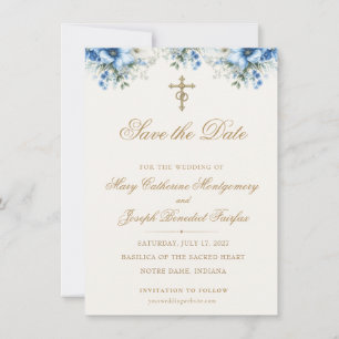 Elegante religiöse blaue florale goldene Kreuz Hoc Save The Date