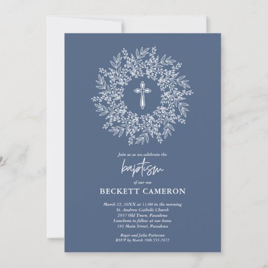 Elegante religiöse blaue Kreuz-Taufe Einladung (Vorderseite)