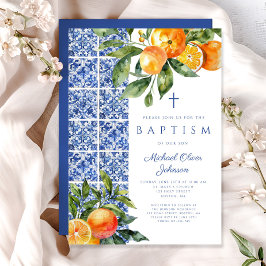 Elegante religiöse Cross Blue Tiles Taufe Einladung