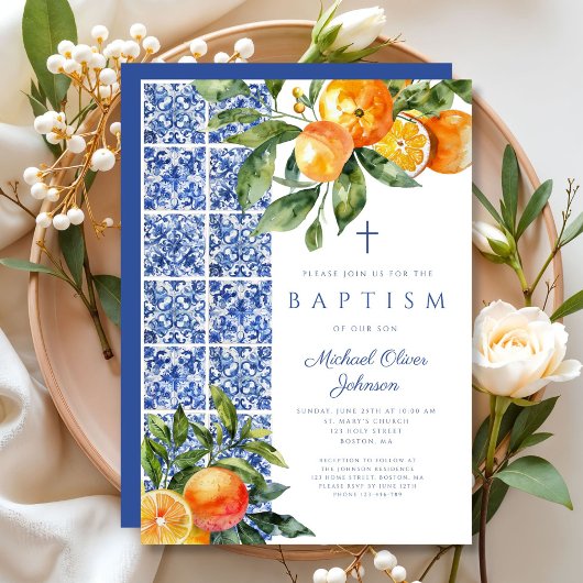 Elegante religiöse Cross Blue Tiles Taufe Einladung