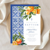 Elegante religiöse Cross Blue Tiles Taufe Einladung