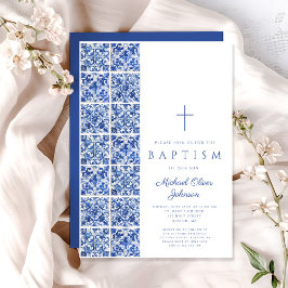 Elegante religiöse Cross Blue Tiles Taufe Einladung