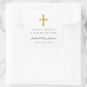 Elegante religiöse Cross Boy First Communion Quadratischer Aufkleber