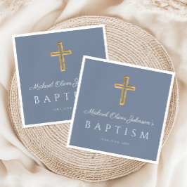 Elegante religiöse Cross Dusty Blue Boy Taufe Serviette