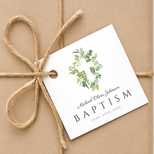 Elegante religiöse Cross Green Botanical Baptism Geschenkanhänger